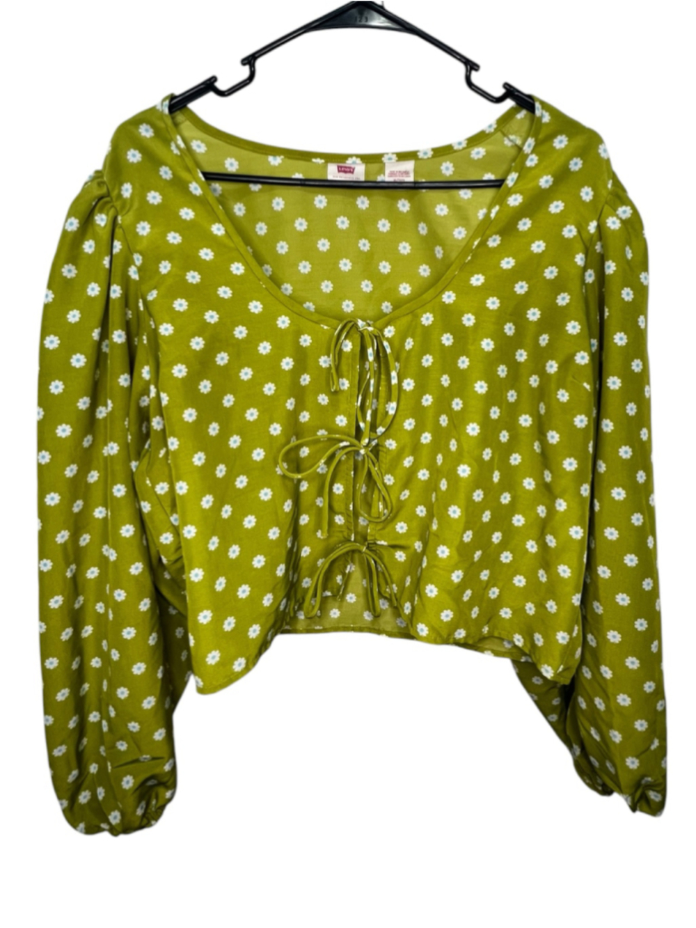 Levi's Green Daisy Floral Tie Front Puff Sleeve Lightweight Cropped Blouse